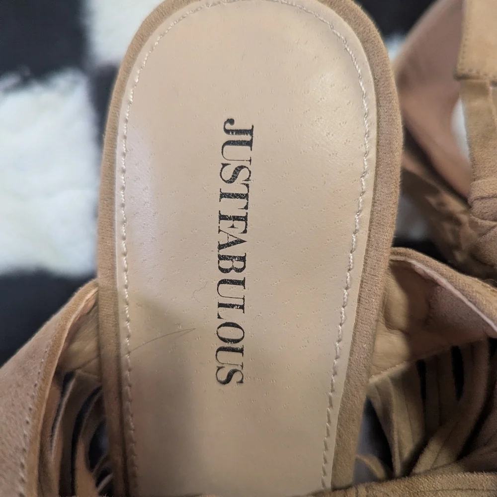JustFab Tan Suede Braided Fringe Block Heel Sandals Size 7.5